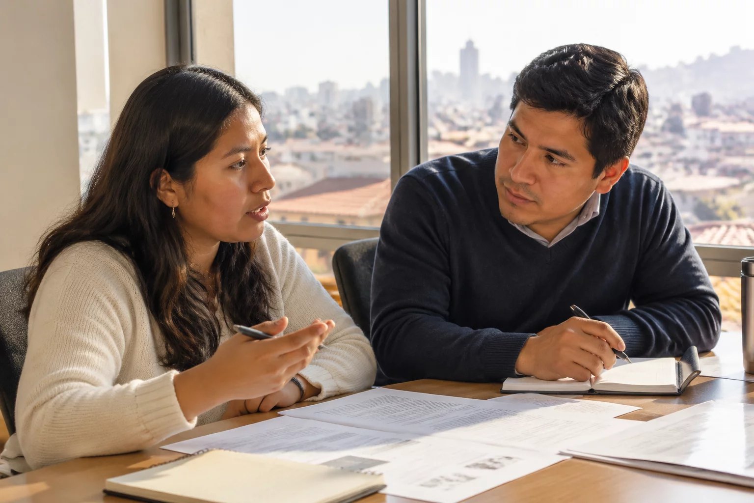 Dos asistentes en la mesa de trabajo, entre hojas y anotaciones