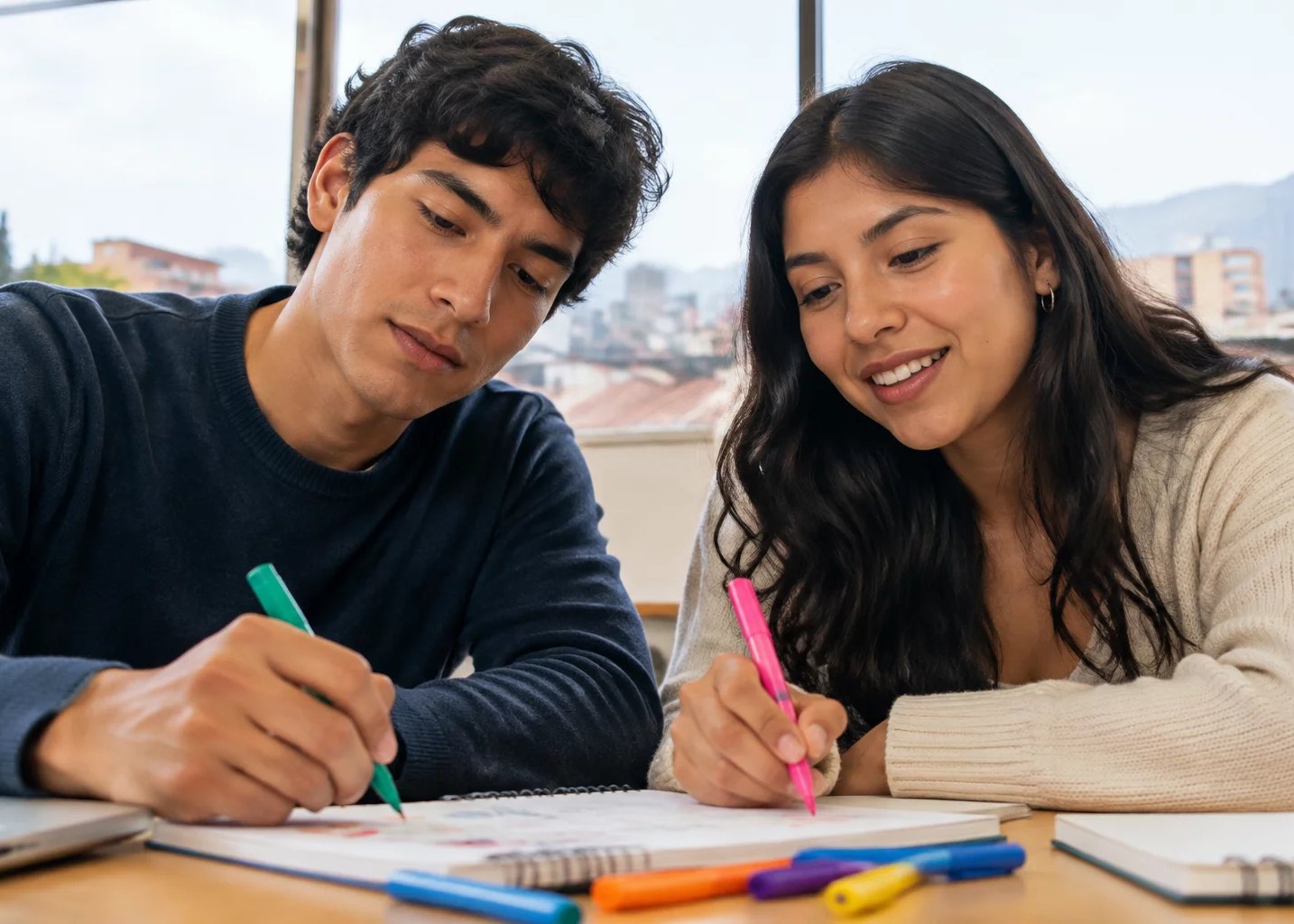 Dupla preparando su intervención con cuaderno y plumones