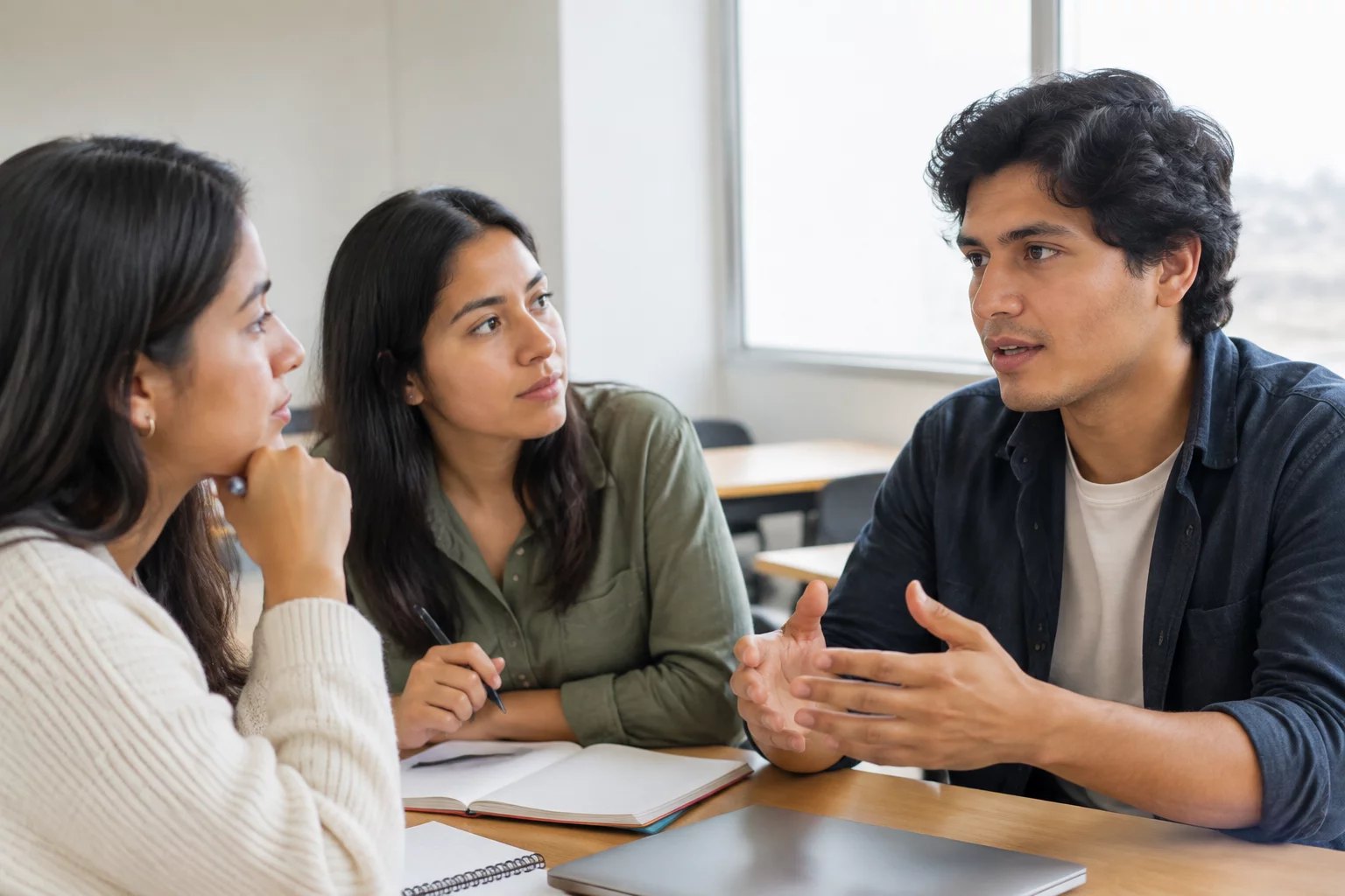 Tres personas en una sala de reuniones, una de ellas argumentando